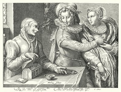 Un joven eligiendo el amor a la belleza en lugar de la riqueza de Hendrik (after) Goltzius