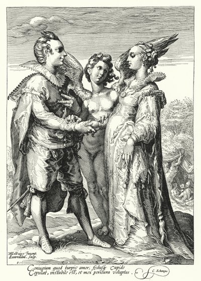 Matrimonio por amor oficiado por Cupido de Hendrik (after) Goltzius