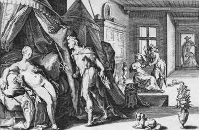 Mercurio entrando en la habitación de Herse después de convertir a Agraulos en piedra, de Ovidio, Metamorfosis, Libro II - Anónimo, holandés de Hendrik (after) Goltzius