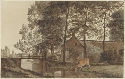 Granja con una vaca bebedora en la calle Biltstraat de Utrecht de Hendrik Abraham Klinkhamer