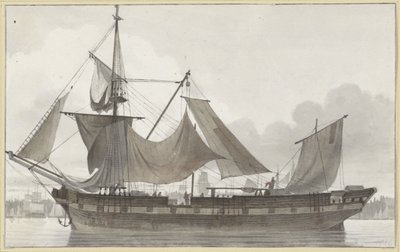 Tres mástiles con aparejo de emergencia, entrando en un puerto con vientos débiles
Barco de vela visto de lado, en un puerto de Hendrik Abraham Klinkhamer