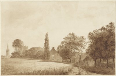 Vista de algunas casas y la torre de una iglesia cerca de Hilversum de Hendrik Abraham Klinkhamer