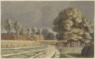 Campo de trigo entre casas bajo un amenazante cielo de tormenta en Hilversum de Hendrik Abraham Klinkhamer