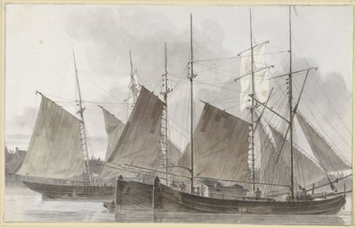 Barcos de vela atracados frente a una ciudad de Hendrik Abraham Klinkhamer