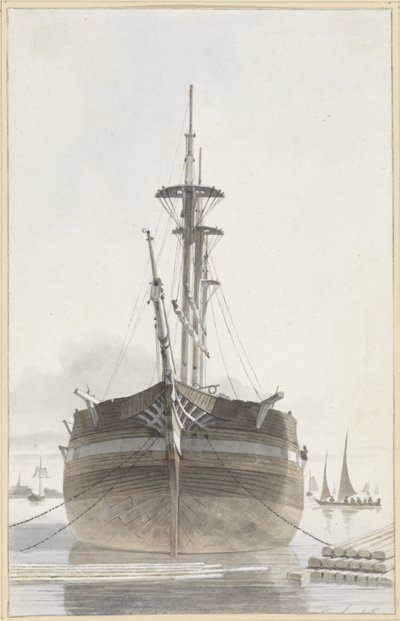 Barco de vela visto de frente en un puerto de madera de Hendrik Abraham Klinkhamer