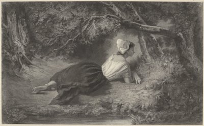 Chica, tumbada bajo los árboles cerca de un agua de Hendrik Adriaan Christiaan Dekker