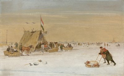 Un paisaje invernal con figuras en el hielo junto a una tienda koek-en-zopie de Hendrik Avercamp