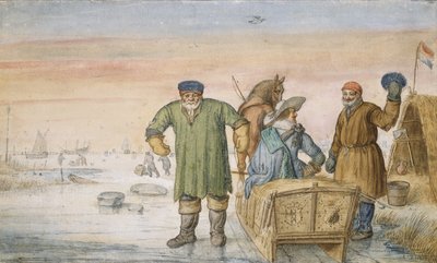 Dos ancianos junto a un trineo con los escudos de armas de Ámsterdam y Utrecht, 1620-33 de Hendrik Avercamp