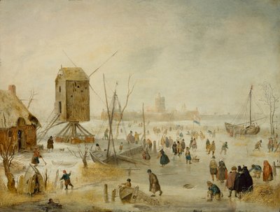 Paisaje de invierno con patinadores en un río junto a un molino de viento de Hendrik Avercamp