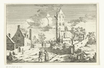 Vista del pueblo con casas y torre en un camino de arena con figuras de Hendrik Berg