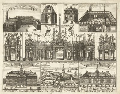 Blad conoció a tien voorsetningen van de intocht van de Kardinaal Infant Ferdinand te Antwerpen, 1635 Muestras de los lugares y obras más magníficos de la ciudad de Amberes (título sobre el objeto) de Hendrik Causé