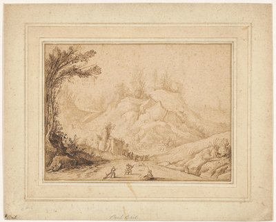 Paisaje de montaña con figuras en un camino cerca de una posada de Hendrick Cornelisz. Vroom