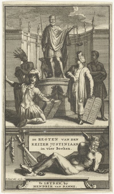 Portada de Los derechos del emperador Justiniano, Leiden, 1705 las REGLAS del EMPERADOR JUSTINIANO en cuatro libros (título sobre el objeto) de Hendrik Elandt