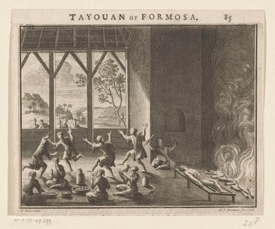 Parte del ritual de entierro de pobladores de Formosa Tayouan de Formosa (título sobre objeto) de Hendrik Frans Diamaer