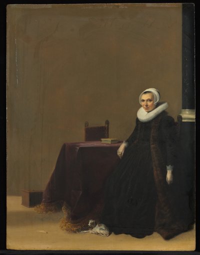 retrato de una mujer con un perro de Hendrik Gerritsz. Pot