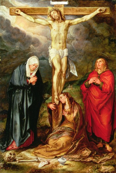 Cristo en la Cruz, con María, San Juan y Magdalena, c.1600 (óleo sobre cobre) de Hendrik Goltzius