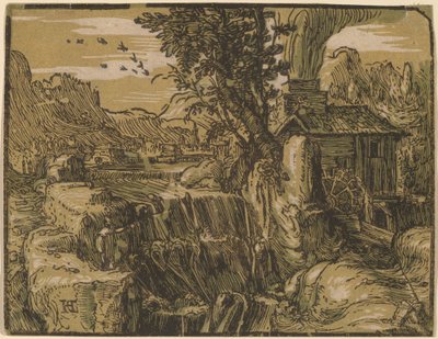 Paisaje con una cascada de Hendrik Goltzius