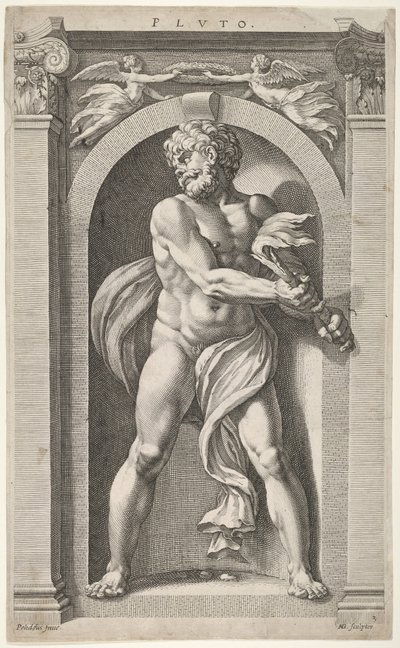 Plutón, en el reverso bocetos de una figura, cuatro cabezas y una columna, 1592 de Hendrik Goltzius