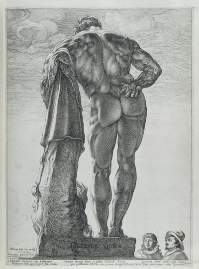 Vista trasera del Hércules Farnesio (grabado en cobre) de Hendrik Goltzius