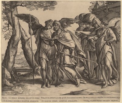 Lot y sus hijas dejando Sodoma de Hendrik Goltzius after Anthonie van Blocklandt