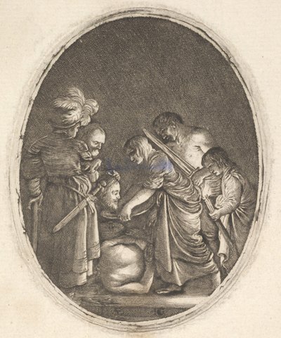 Salomé recibiendo la cabeza de Juan el Bautista, rodeada de tres hombres y un niño, ca. 1610 de Hendrik Goudt