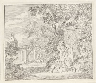 Pareja en un monumento clásico y una puerta de la ciudad Anette y Lubin (título sobre el objeto) de Hendrik Hoogers