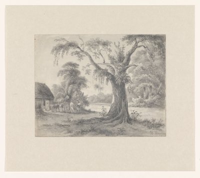 Paisaje con un árbol y una choza con un caballo y un carruaje y dos figuras de Hendrik Huygens (signed by artist)
