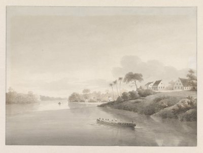 Vista de algunas casas sobre un río, posiblemente el Jodensavanne de Hendrik Huygens