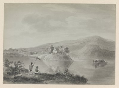 Vista de un río con algunas casas, posiblemente Berg en Dal de Hendrik Huygens