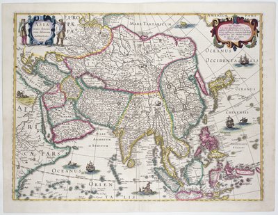 Mapa general incluyendo Arabia, Japón, la península de Corea y la mayor parte del archipiélago indonesio, 1631 (grabado en color) de Hendrik I Hondius