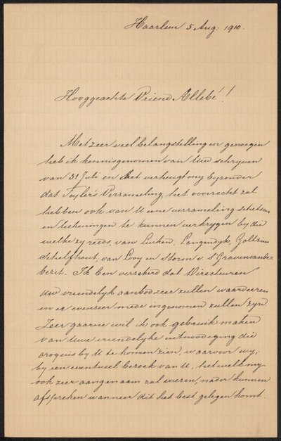Carta a August Allebé de Hendrik Jacobus Scholten