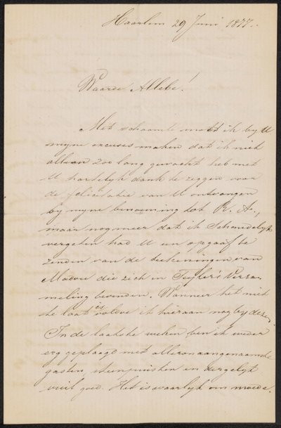 Carta a August Allebé de Hendrik Jacobus Scholten