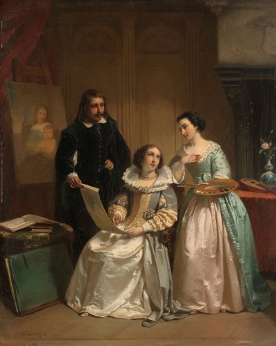 Gerard van Honthorst muestra los dibujos de su alumna Luisa de Bohemia a Amalia van Solms de Hendrik Jacobus Scholten