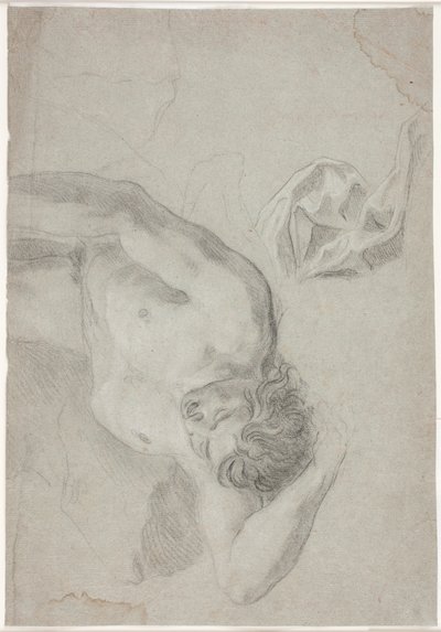 Estudio de modelo masculino, acostado de espaldas, estudio de rodilla y drapeado de Hendrik Krock