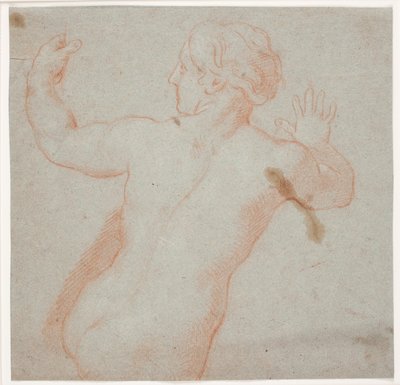 Mujer desnuda con los brazos extendidos, vista desde la espalda. (Una ninfa huyendo) de Hendrik Krock