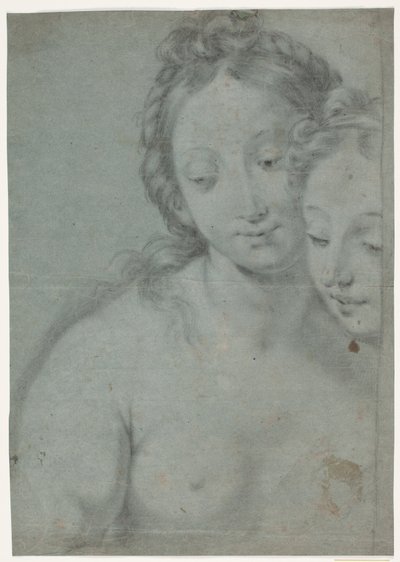 Dos cabezas de mujer. Estudios de la mitad derecha en la pintura de Carlo Maratti: Autorretrato con Marquese Pallavicini, Stourhead, National Trust, Inglaterra (ilustración Arte Antica e Moderna, 1961, n.º 181) de Hendrik Krock