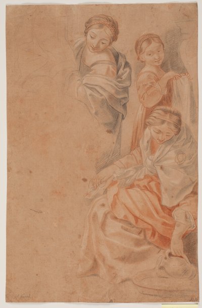 Tres figuras femeninas. Estudio después del fresco de Guido Reni en la Capilla de la Anunciación, Palacio Quirinal, Roma. (Nacimiento de María, lado derecho) de Hendrik Krock