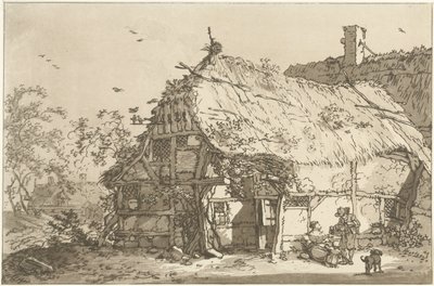Granja con una familia en el patio. Doce diseños calculados para el uso de aquellos que están aprendiendo a dibujar paisajes (título de la serie) de Hendrik Meijer