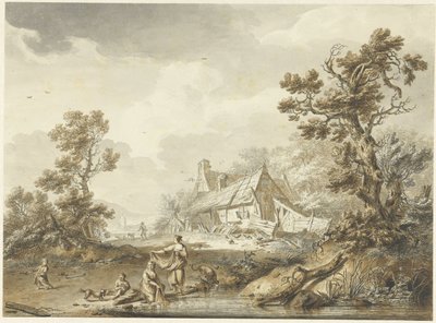 Granja con mujeres lavando en primer plano de Hendrik Meijer