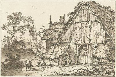 Boerderij conoció a twee mensen en la deuropening Doce diseños calculados para el uso de quienes están aprendiendo a dibujar paisajes (título de la serie) de Hendrik Meijer