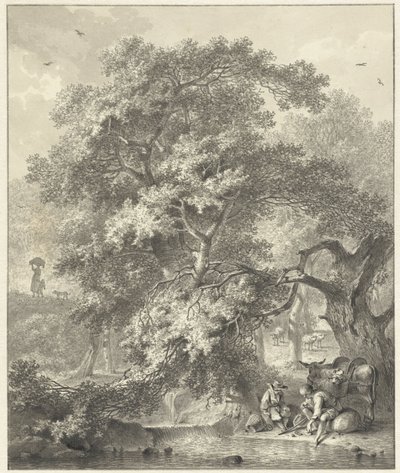 Vista del bosque con pastores descansando en una cascada de Hendrik Meijer