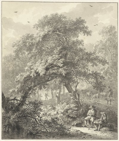 Vista del bosque con viajeros descansando bajo un árbol de Hendrik Meijer