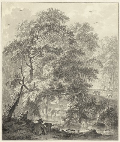 Vista del bosque con dos niños con un perro sentado junto al agua de Hendrik Meijer