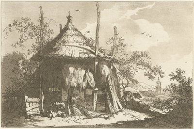 Pastores bij een hooiberg Doce diseños calculados para el uso de quienes están aprendiendo a dibujar paisajes (título de la serie) de Hendrik Meijer
