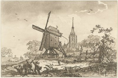 Paisaje con un molino de viento y una iglesia. Doce diseños calculados para el uso de quienes están aprendiendo a dibujar paisajes (título de la serie) de Hendrik Meijer