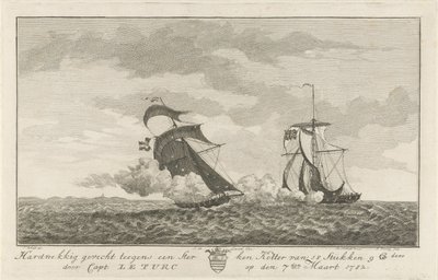 Batalla contra un cortador fuerte, 1782 Lucha feroz contra un fuerte Kotter de 18 piezas (...) por Capt: Le Turc el 7 de marzo de 1782 (título sobre objeto) de Hendrik Roosing