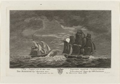 Sextroh caza en el Marianne, 1782 La caza del navegante báltico inglés Allá a los genomas El capitán Marianne. Philskerk por el Capitán Zierikzeesche Kaper. J:W:Sextroh En la noche del 20 de noviembre de 1782 (título sobre el objeto) de Hendrik Roosing