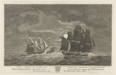 Sextroh caza en el Marianne, 1782 La caza del navegante báltico inglés Allá a los genomas El capitán Marianne. Philskerk por el Capitán Zierikzeesche Kaper. J:W:Sextroh En la noche del 20 de noviembre de 1782 (título sobre el objeto) de Hendrik Roosing