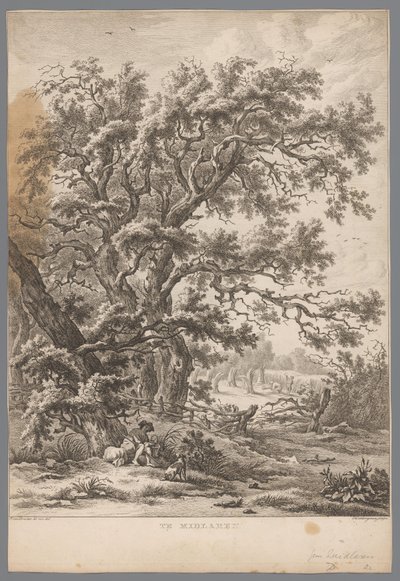 Paisaje con un hombre y un perro debajo de un árbol cerca de Midlaren En Midlaren (título sobre objeto) Nueve caras en Drenthe (título de la serie) IX Rostros en y cerca del paisaje de Drenthe (título de la serie) de Hendrik Schwegman