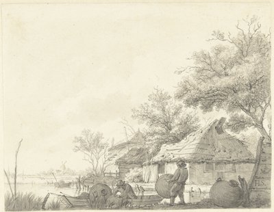 Dos pescadores con canastas en un canal de Hendrik Schwegman